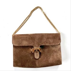 RARE VTG Lederer Italy Brown Suede shoulder Bag w/ Gold hardware. Luxury